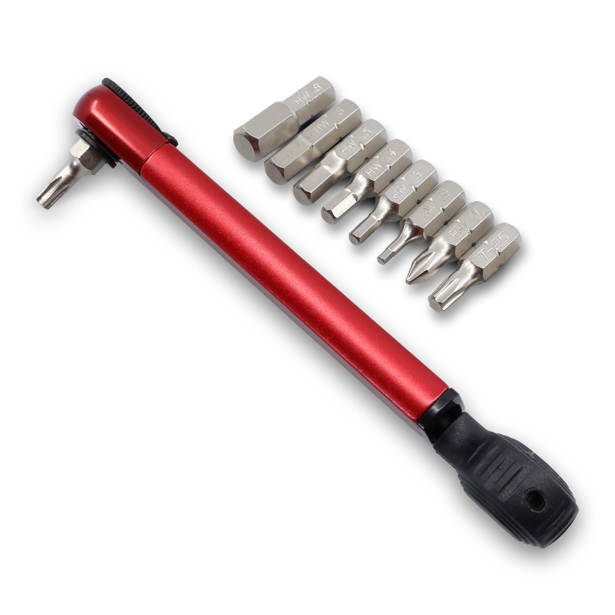 The Prestacycle TorqRatchet GO Lite by Prestacycle is a portable 3–12Nm torque multi-tool ratchet, featuring eight interchangeable metal bits arranged beside it on a white background.