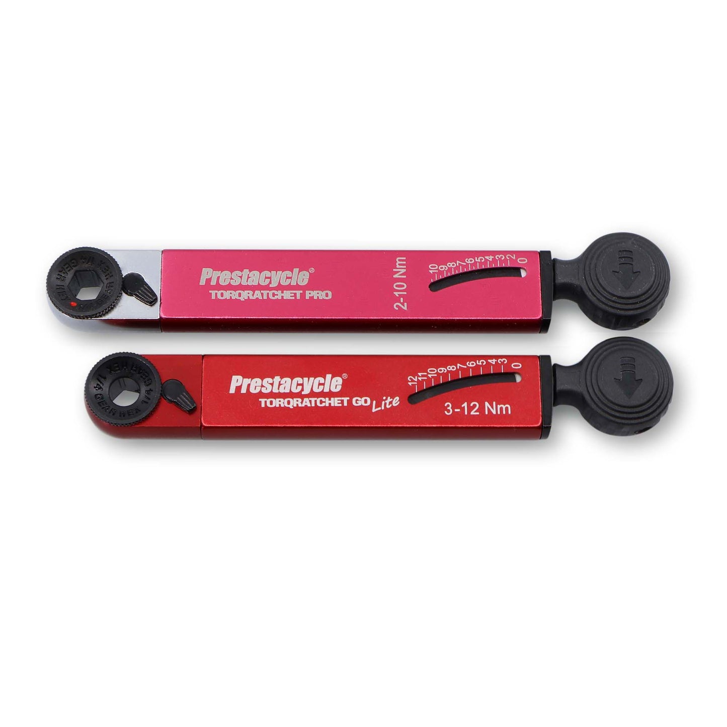 Two red Prestacycle TorqRatchet GO Lite 3-12Nm torque multi-tool ratchets are side by side, each featuring a black rotating dial and a reversible ratchet at one end.