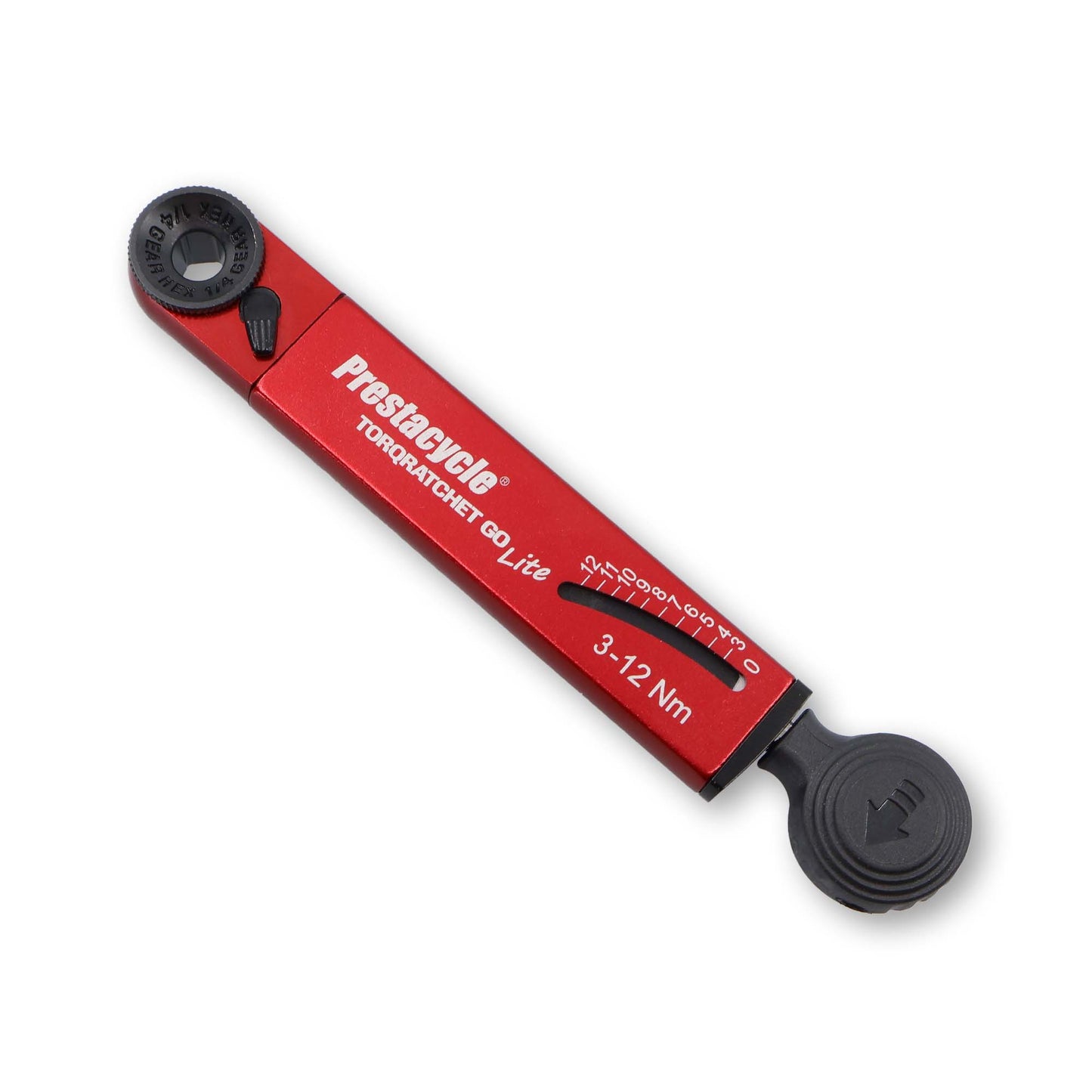 A red and black Prestacycle TorqRatchet GO Lite, a portable 3~12Nm torque multi-tool ratchet, is shown with measurement markings, a notched adjustment knob, and a reversible ratchet for versatile use.