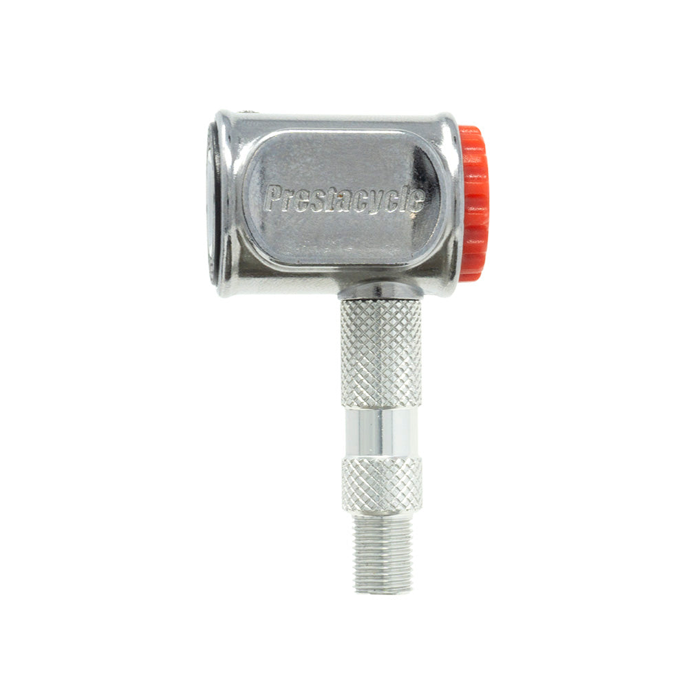 The Prestacycle Prestaflator PRO Bicycle Tire Inflator, designed for Presta and Schrader valves, features a metal body with textured grip and red adjustment knob, and is shown on a white background.