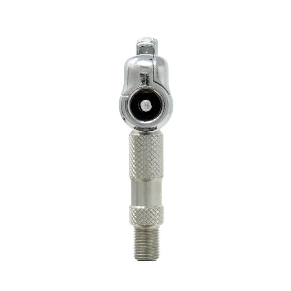A close-up of the Prestacycle Pro Schrader Head by Prestacycle shows its metallic knurled handle and threaded end on a white background. The top displays a rounded, shiny head with a central hole for precise tire pressure adjustments.