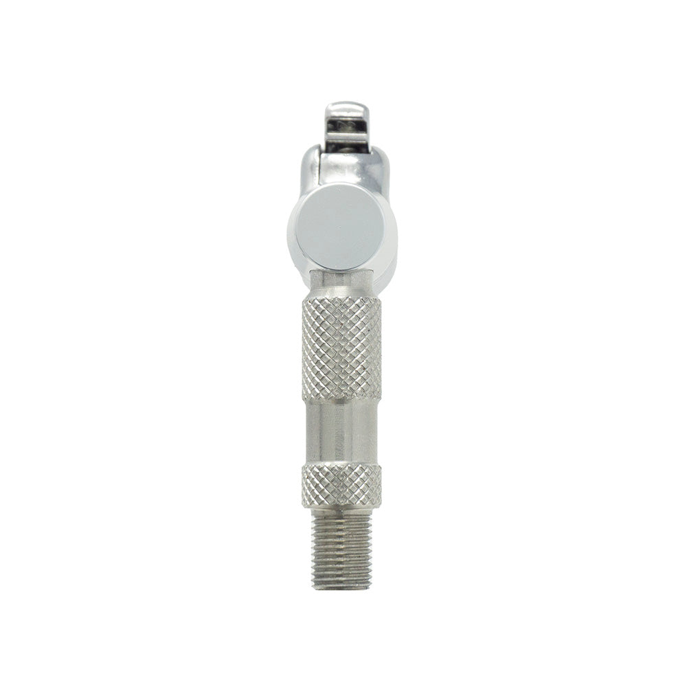 Close-up of the Prestacycle Pro Schrader Head by Prestacycle, showing its metal valve stem with threaded end, knurled grip, and auto-lock mechanism for secure tire pressure control, photographed on a plain white background.