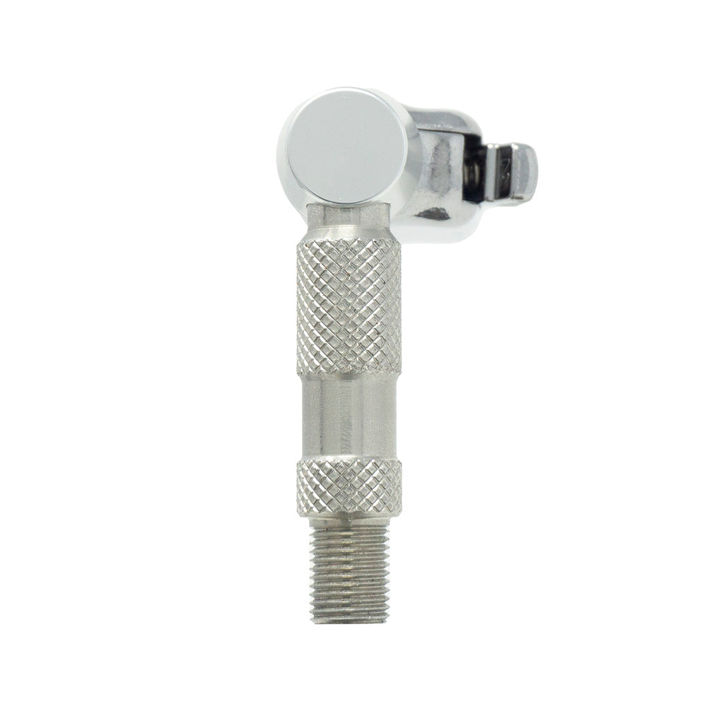 A close-up of the Prestacycle Pro Schrader Head by Prestacycle, featuring a knurled handle, threaded end, and auto-lock hinge mechanism, shown against a white background.