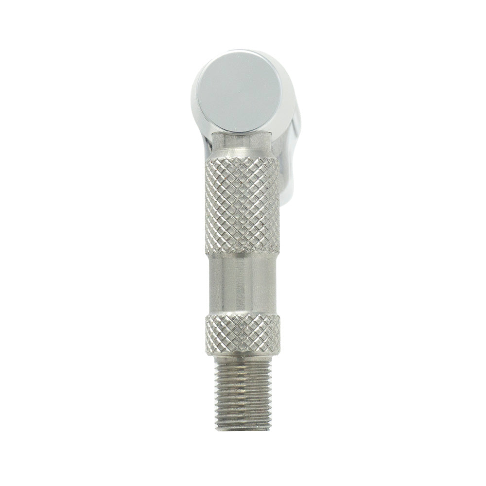 The Prestacycle Pro Schrader Head by Prestacycle is shown vertically against a white background, featuring a metal lever with a knurled handle, threaded end, and auto-lock mechanism.