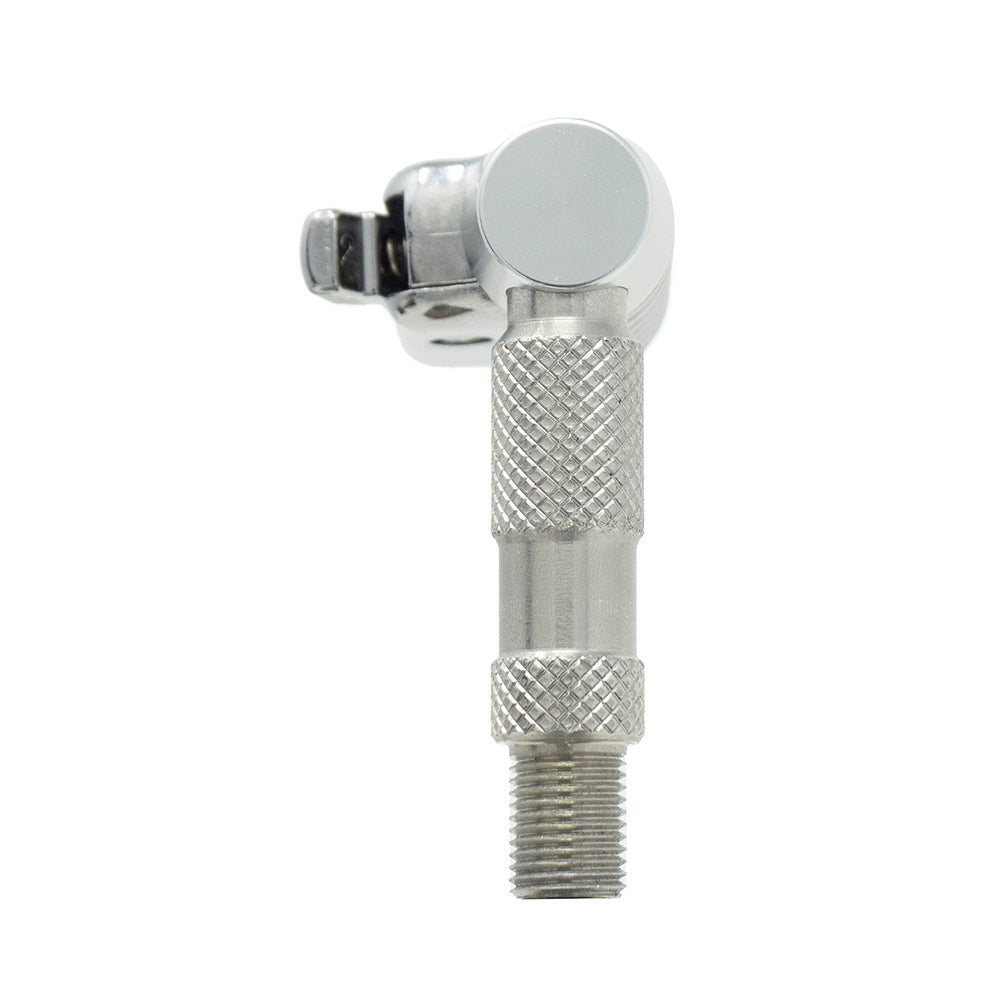 The Prestacycle Pro Schrader Head by Prestacycle is a chrome-plated valve core removal tool with a textured grip, threaded end, and right-angle design for accurate tire pressure, shown against a white background.
