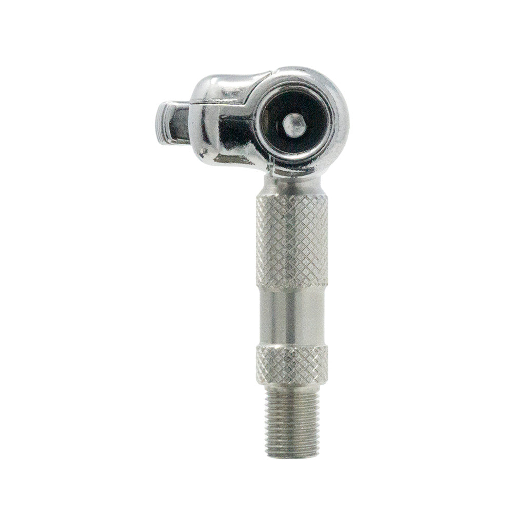 A close-up of the Prestacycle Pro Schrader Head, a metal right-angle valve adapter by Prestacycle with a textured grip and threaded end, designed for reliable tire pressure checks on valves or air hoses.