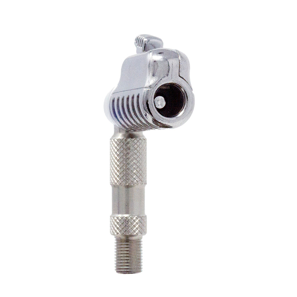 A close-up of the Prestacycle Pro Schrader Head by Prestacycle, a chrome air chuck with auto-lock, threaded end, and knurled grip for secure tire inflation and accurate pressure. Isolated on a white background.