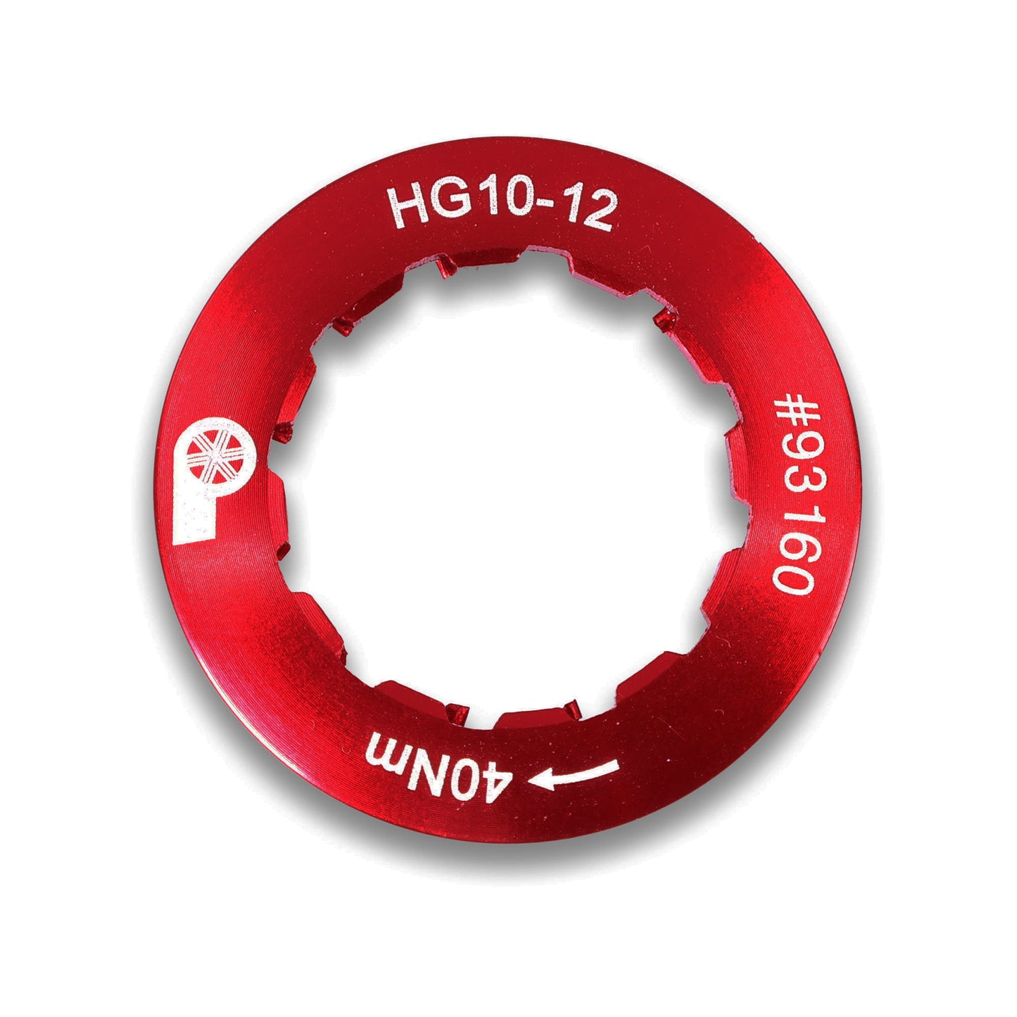 Prestacycle Shimano HG11/12 Lockring by Prestacycle—red alloy lockring for 10-12 speed cassettes, labeled HG10-12 #93160, 40NM, with directional arrow and multiple inner notches. Compatible with Shimano cassette systems.