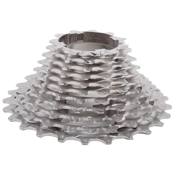 A close-up of the Prestacycle UniBlock PRO Cassette (11 Speed), Campagnolo compatible, featuring multiple chrome molybdenum steel sprockets for accurate bike gear shifting.