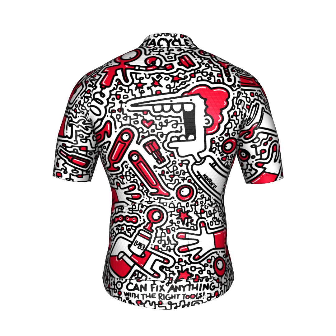 Prestacycles Kenton Collection Jersey features bold abstract black, red, and white graphics with doodle-style tools, hands, and faces. Made from performance wicking fabrics—perfect for riders who fix anything!.