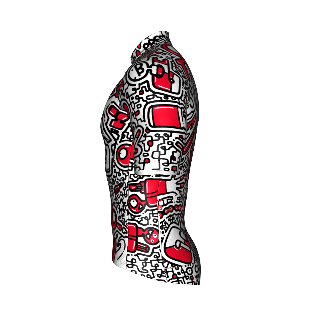 A fitted long-sleeve cycling jersey from the Prestacycle Kenton Collection, featuring a bold abstract black and red pattern on white, made from moisture-wicking performance fabric.