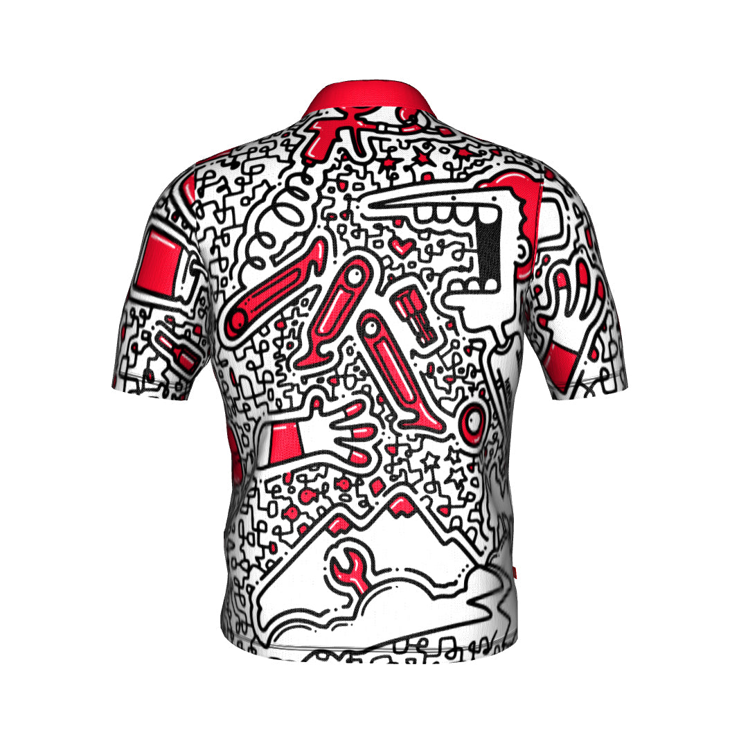 The Prestacycle Polo from The Kenton Collection is a short-sleeve cycling shirt with bold black, white, and red abstract graphics—faces, hands, utensils, mountains—and crafted from performance wicking fabric for comfort.