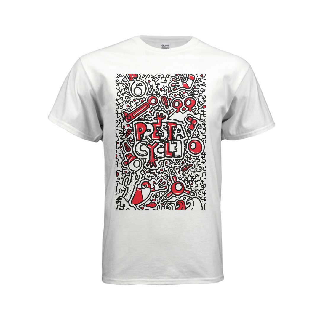The Prestacycle T-Shirt from The Kenton Collection features a bold black and red abstract doodle with Pistacyclo at the center, surrounded by bike parts. Made by Prestacycle from 50% preshrunk cotton for comfort.