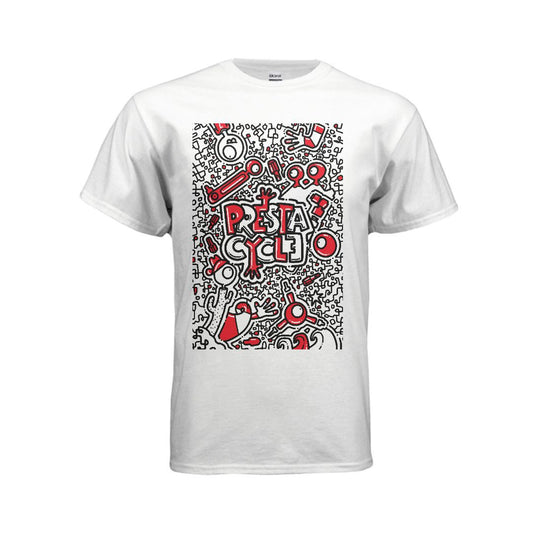The Prestacycle T-Shirt from The Kenton Collection features a bold black and red abstract doodle with Pistacyclo at the center, surrounded by bike parts. Made by Prestacycle from 50% preshrunk cotton for comfort.