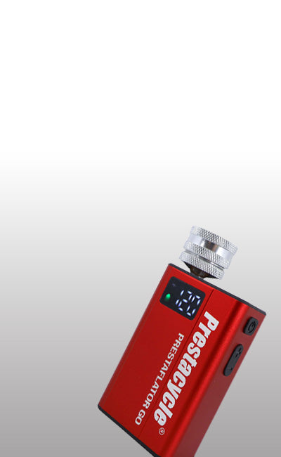 Red electronic tyre inflator device with digital display on a white background, prestaflator go