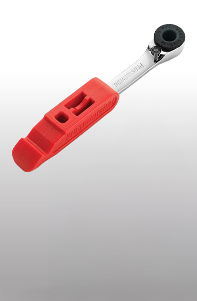 Red and silver ratchet handle on a light gray background