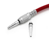 A close-up of a red Prestacycle air hose with a silver connector and matching Pro Presta head fitting, shown beside the Prestaflator PRO Bicycle Tire Inflator—an air compressor tool for Presta & Schrader valves—on a white background.