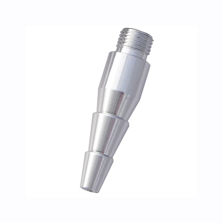 The Prestacycle Safety Blower / Low Pressure Inflator Tip by Prestacycle is a silver, metal tapered tip made from durable 6061-T6 alloy, with ridged sections and threading for secure attachment, shown isolated on a white background.