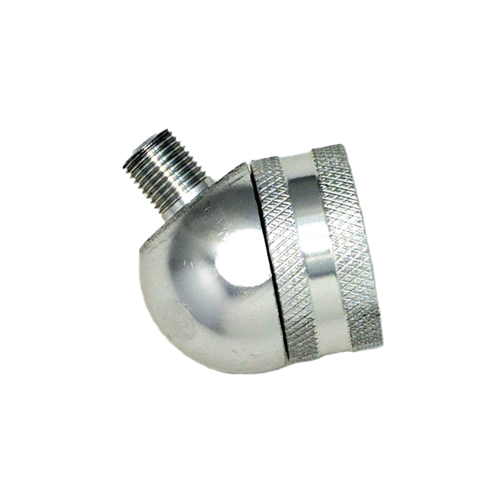 The Prestacycle Big Angle Presta Head by Prestacycle is a chrome-finished angled fitting with a threaded end and knurled grip, designed for tubeless tire applications, shown isolated on white.