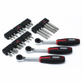 The Prestacycle Prestaratchet Pro - Mini Ratchet Bicycle Tool Workshop Set features three ratcheting wrenches with black and red handles and three sets of metal bits in holders, all neatly arranged—ideal for any bike tool kit.