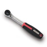 A close-up of the Prestacycle Prestaratchet Pro Mini Ratchet Bicycle Tool, showing its black and red handle, metal shaft, and round ratcheting head—ideal for precise bike repairs. Tool only.