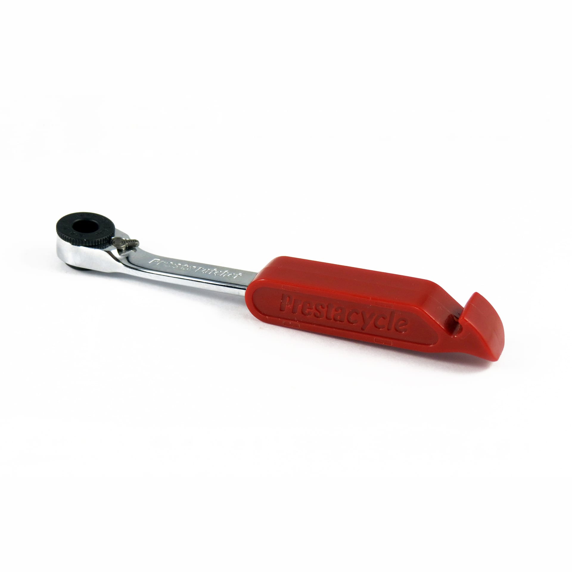 Prestaratchet tool with tire lever built into the handle (no bits)