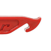 Close-up of the Prestacycle Prestalever Third-Hand Tire Holder, a red plastic tool with a hook-shaped metal tip for tire installation. The handle features a partial letter r, reflecting its distinctive design.