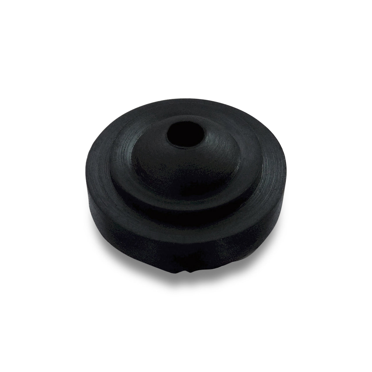 The Prestacycle Prestaflator Big Presta Head Gasket is a black, round rubber gasket with a raised center and central hole, designed for compatibility with Presta pump heads, shown against a white background.