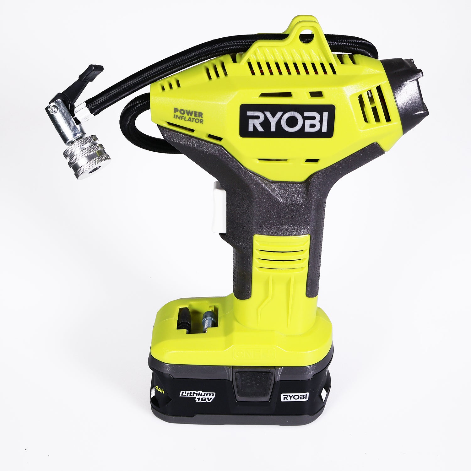 A yellow and black Prestacycle cordless power inflator with a digital display and attached air hose stands upright on a white background, featuring the Prestacycle Big Presta Head for easy tubeless tire inflation.