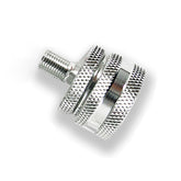 A close-up of the Prestacycle Big Presta Head, a shiny metallic fitting with a textured grip and threaded section by Prestacycle, designed for use with a Urethane Elastomer Presta Gasket, isolated on a white background.