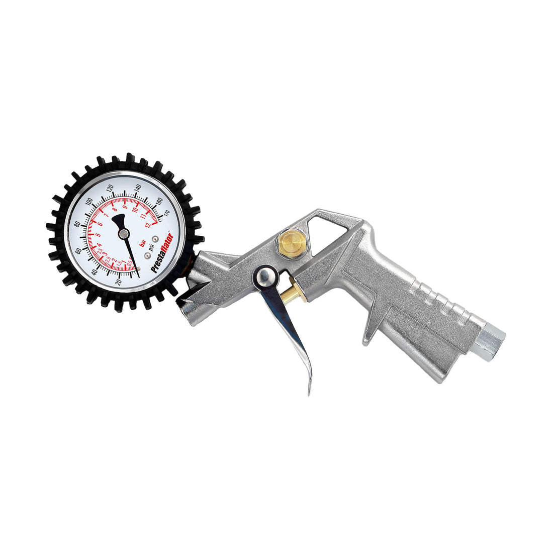 The Prestacycle Prestaflator Body &amp; Gauge is a handheld bicycle tire pressure gauge featuring a silver metal body, black trigger, and a round analog dial in a black rubber cover that displays PSI and BAR readings.