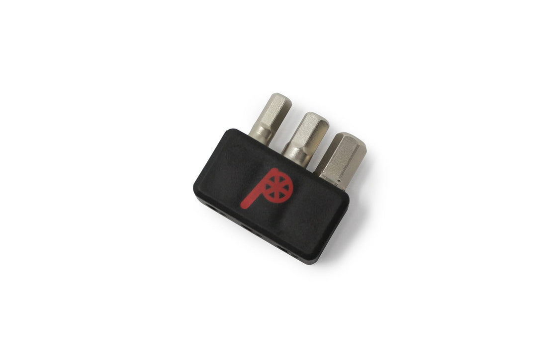 The Prestacycle Professional 3 piece 1/4 S2 Hex Bits Set features three hardened S2 steel hex bits in a black adapter with a red Prestacycle gear-logo, displayed against a white background.