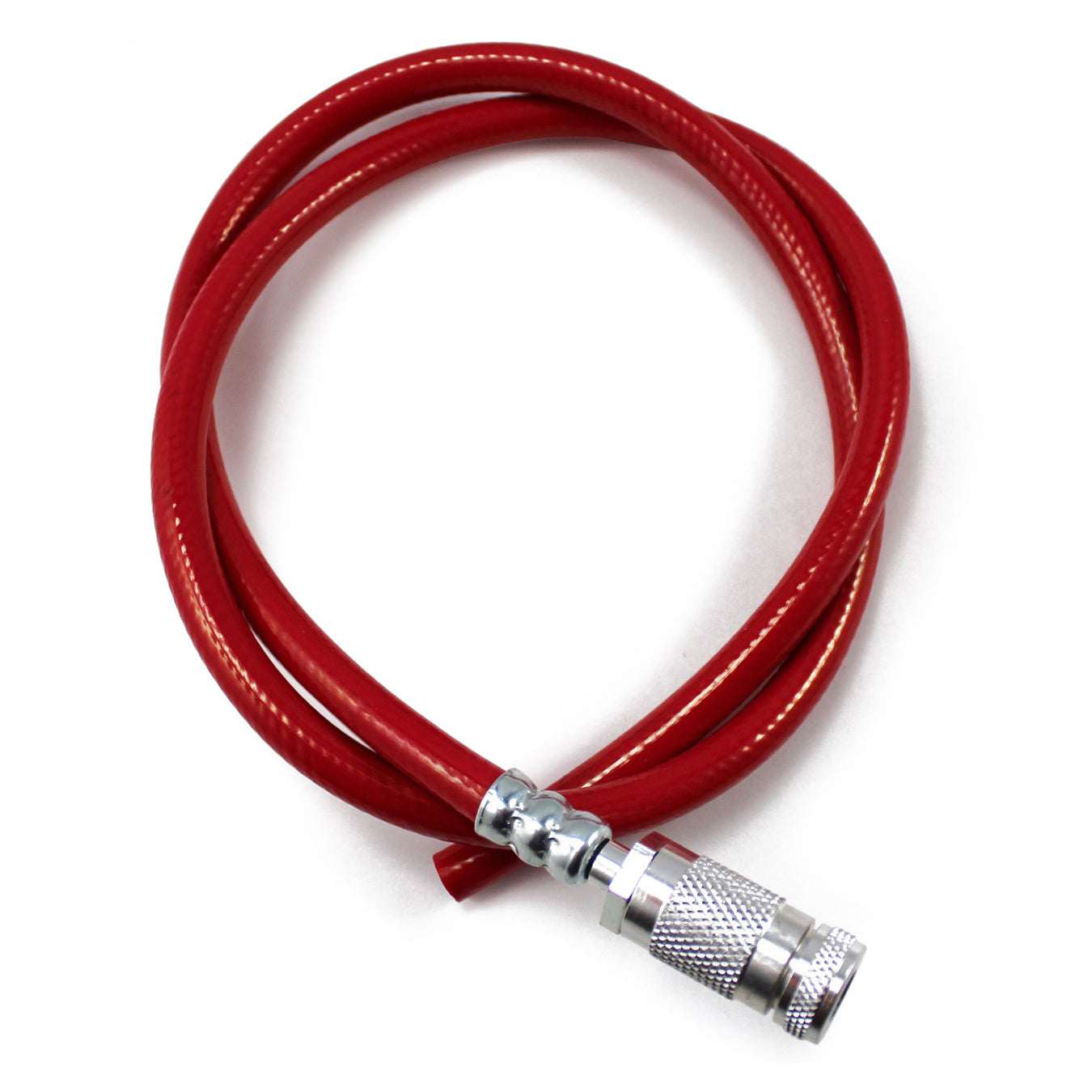The Prestacycle 3-way Presta Head Floor Pump Hose by Prestacycle is a red reinforced polyurethane hose with a metal connector, coiled in a circle on a white background.