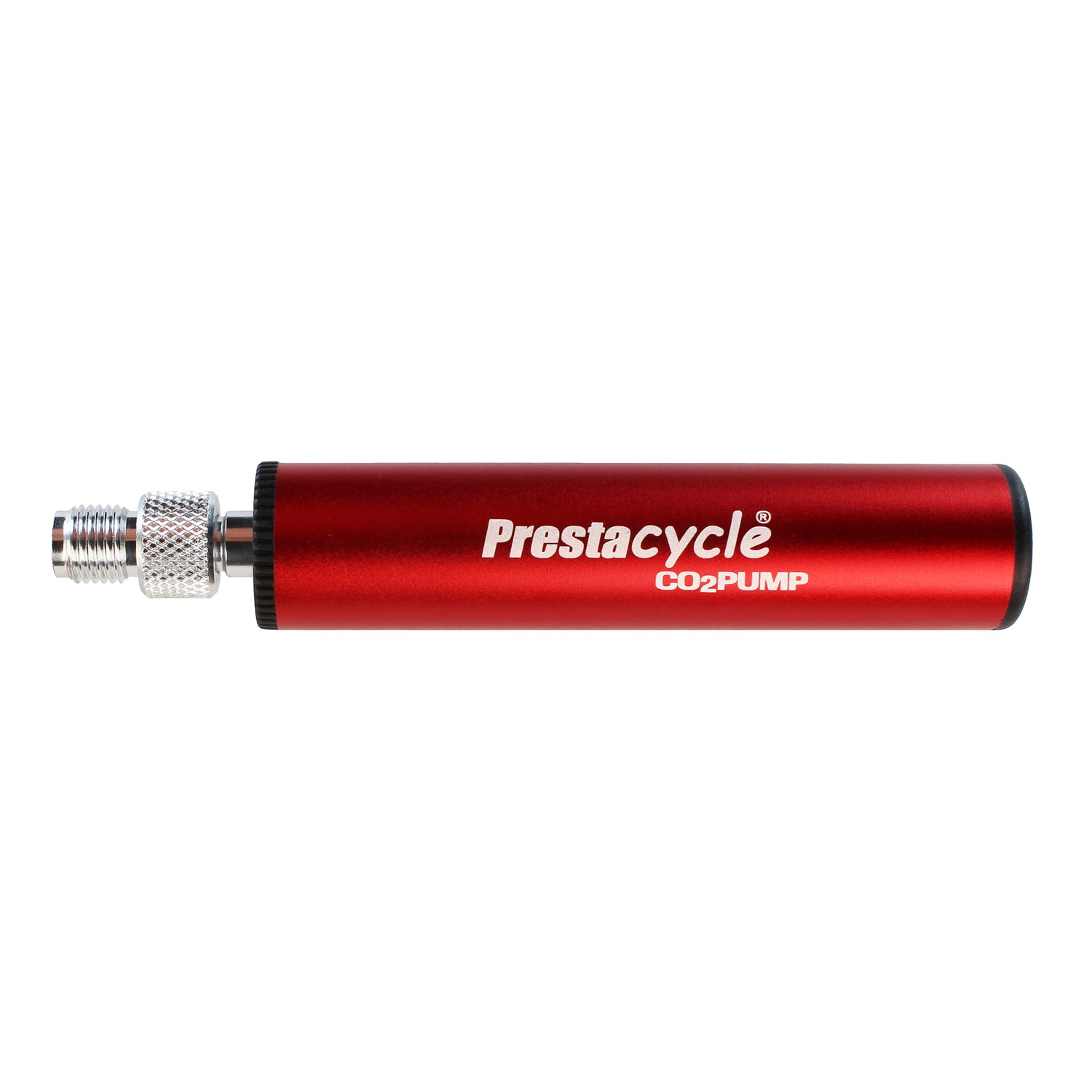 The Prestacycle Prestaflator Micro is a red, compact, cylindrical CO2/air compressor pump bundle with metallic ends and an inflation head for bicycle tires. The product name appears in white on the side.