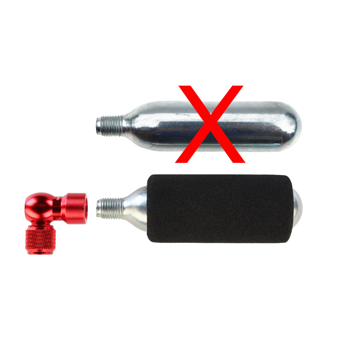 The image shows two CO2 cartridges: the plain one above is crossed out in red, while the lower cartridge is wrapped in black foam and connected to a Prestacycle Prestaflator Micro inflation head with a red nozzle.