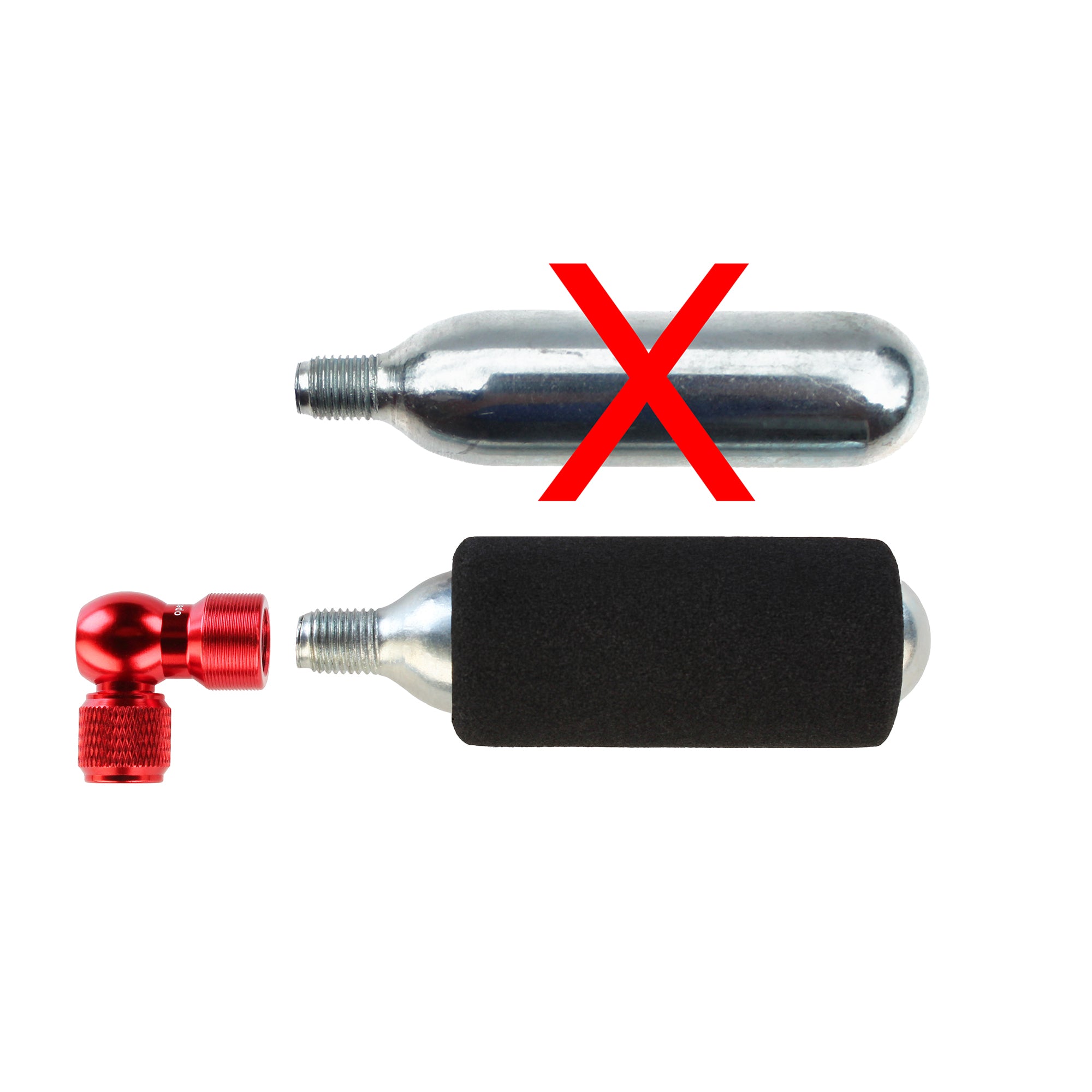 The image shows two CO2 cartridges: the plain one above is crossed out in red, while the lower cartridge is wrapped in black foam and connected to a Prestacycle Prestaflator Micro inflation head with a red nozzle.