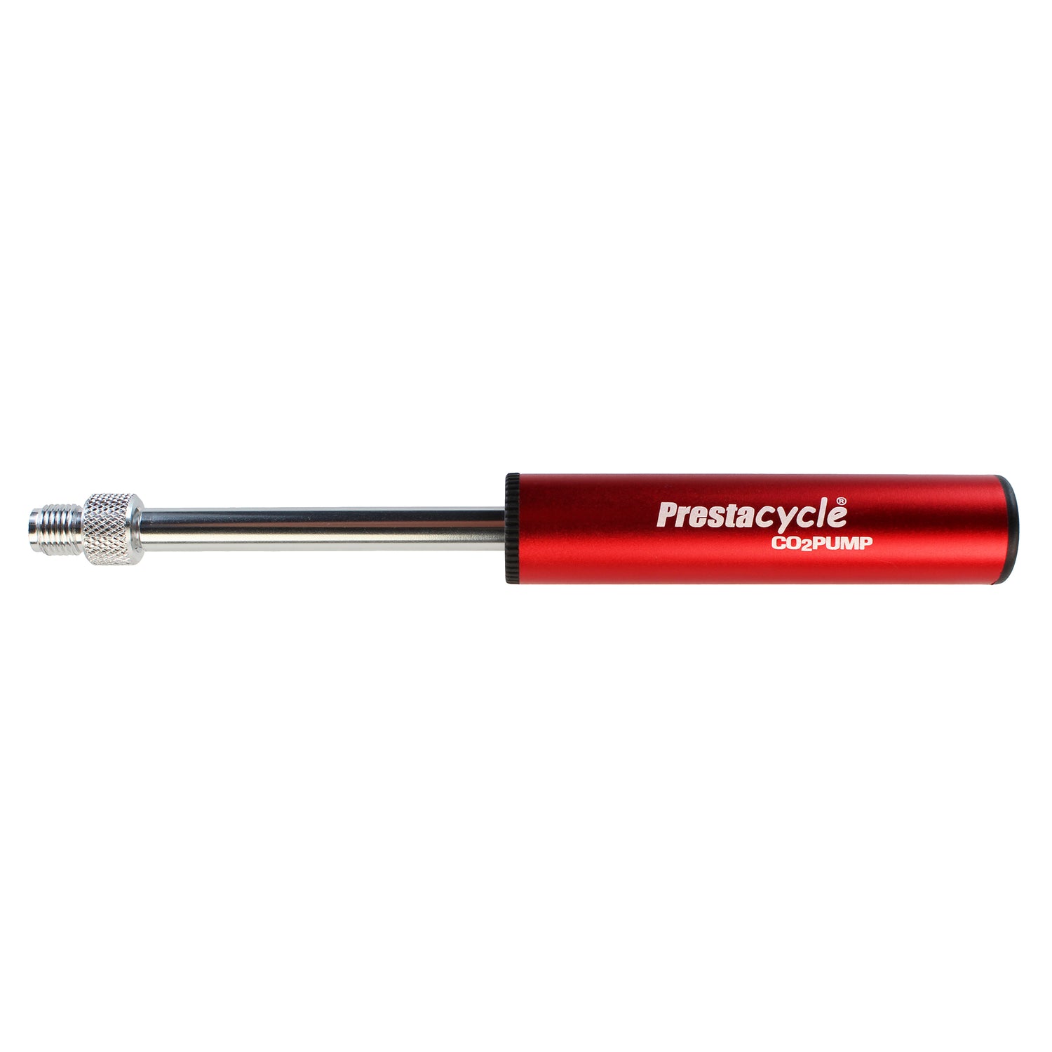 A Prestacycle Prestaflator Micro - CO2 / Air Compressor / Pump Bundle in red and silver, with a cylindrical handle and metal nozzle, featuring a CO2 inflation head, is shown horizontally against a white background.