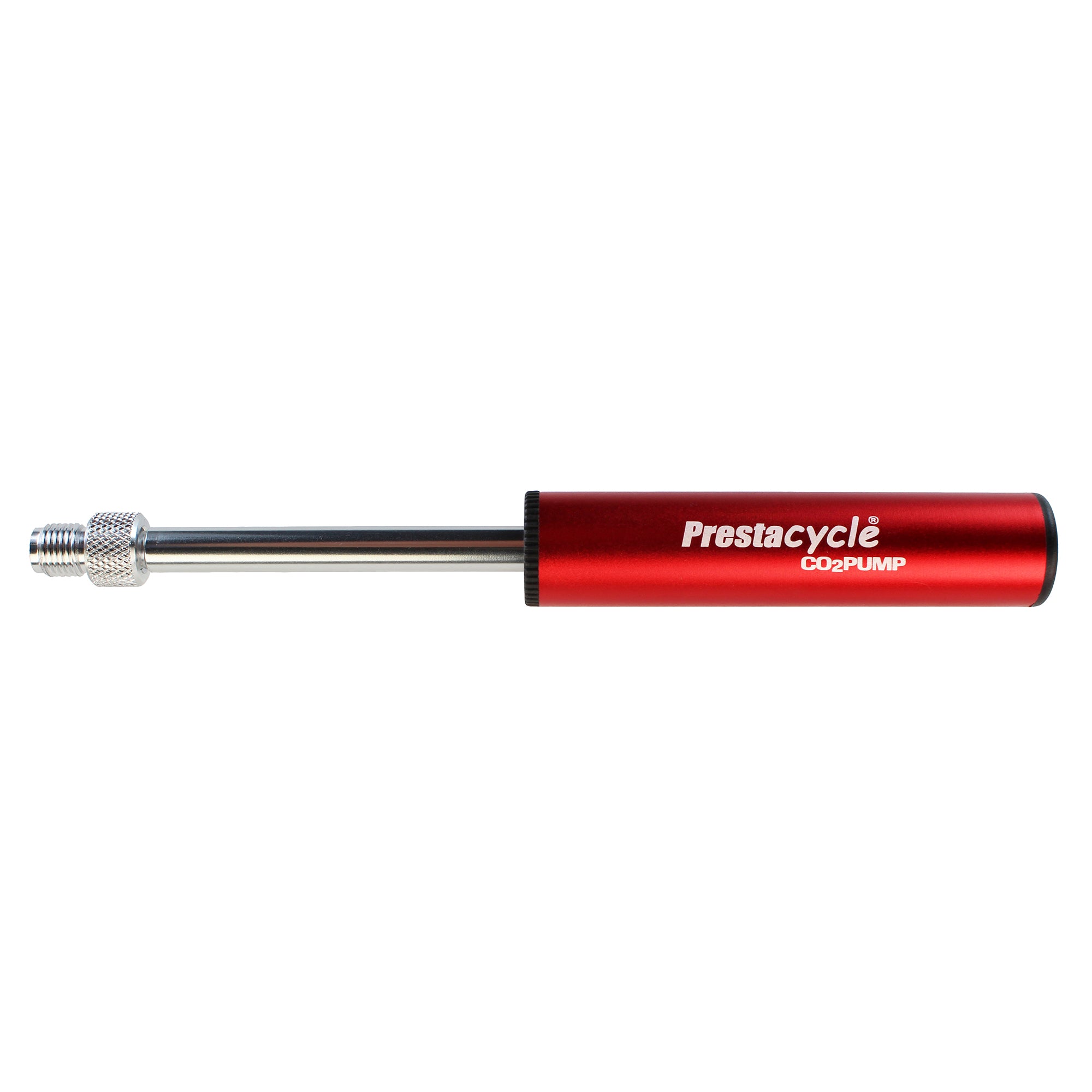 A Prestacycle Prestaflator Micro - CO2 / Air Compressor / Pump Bundle in red and silver, with a cylindrical handle and metal nozzle, featuring a CO2 inflation head, is shown horizontally against a white background.