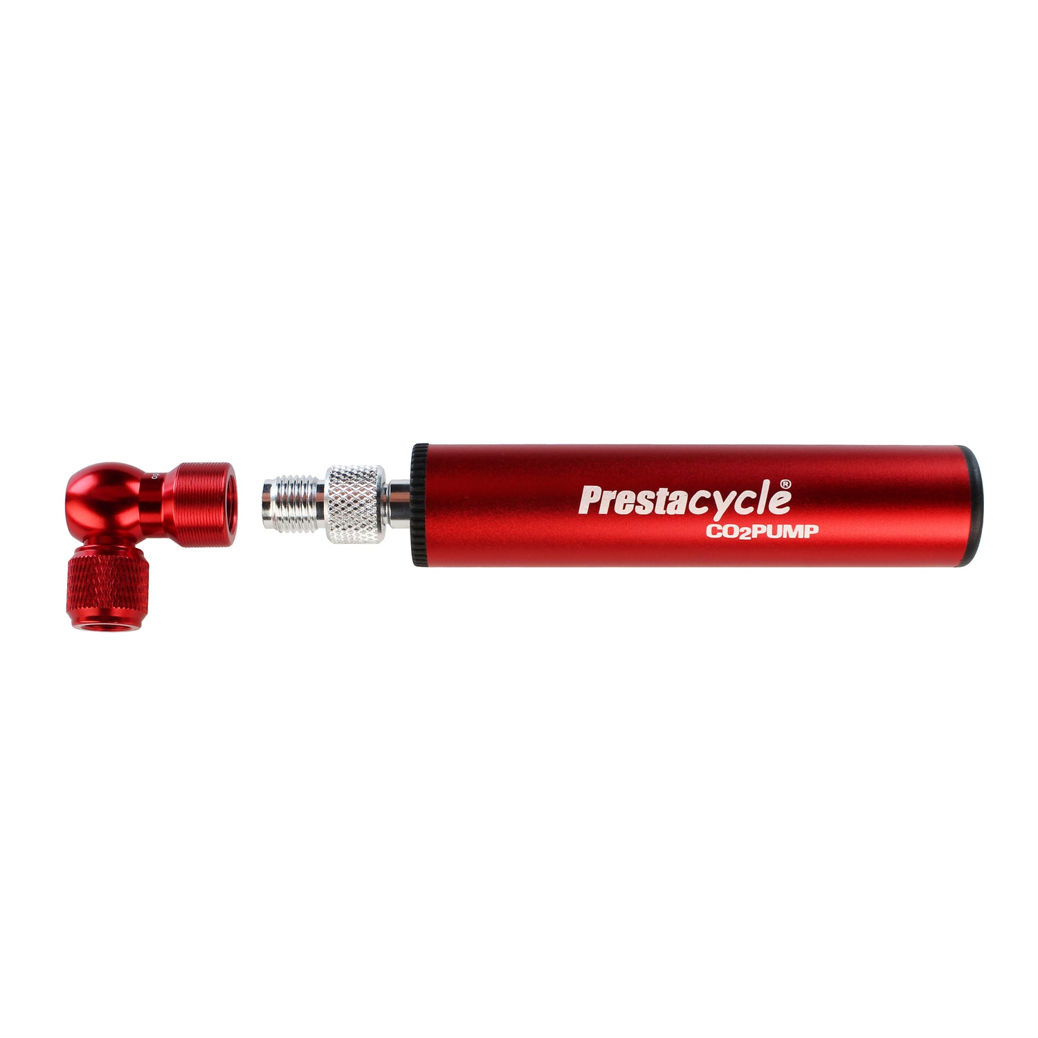 The Prestacycle Prestaflator Micro CO2/Air Compressor/Pump Bundle, shown in red with silver and red valve attachments and a Presta Schrader head for versatile bike tire inflation, is displayed against a white background.