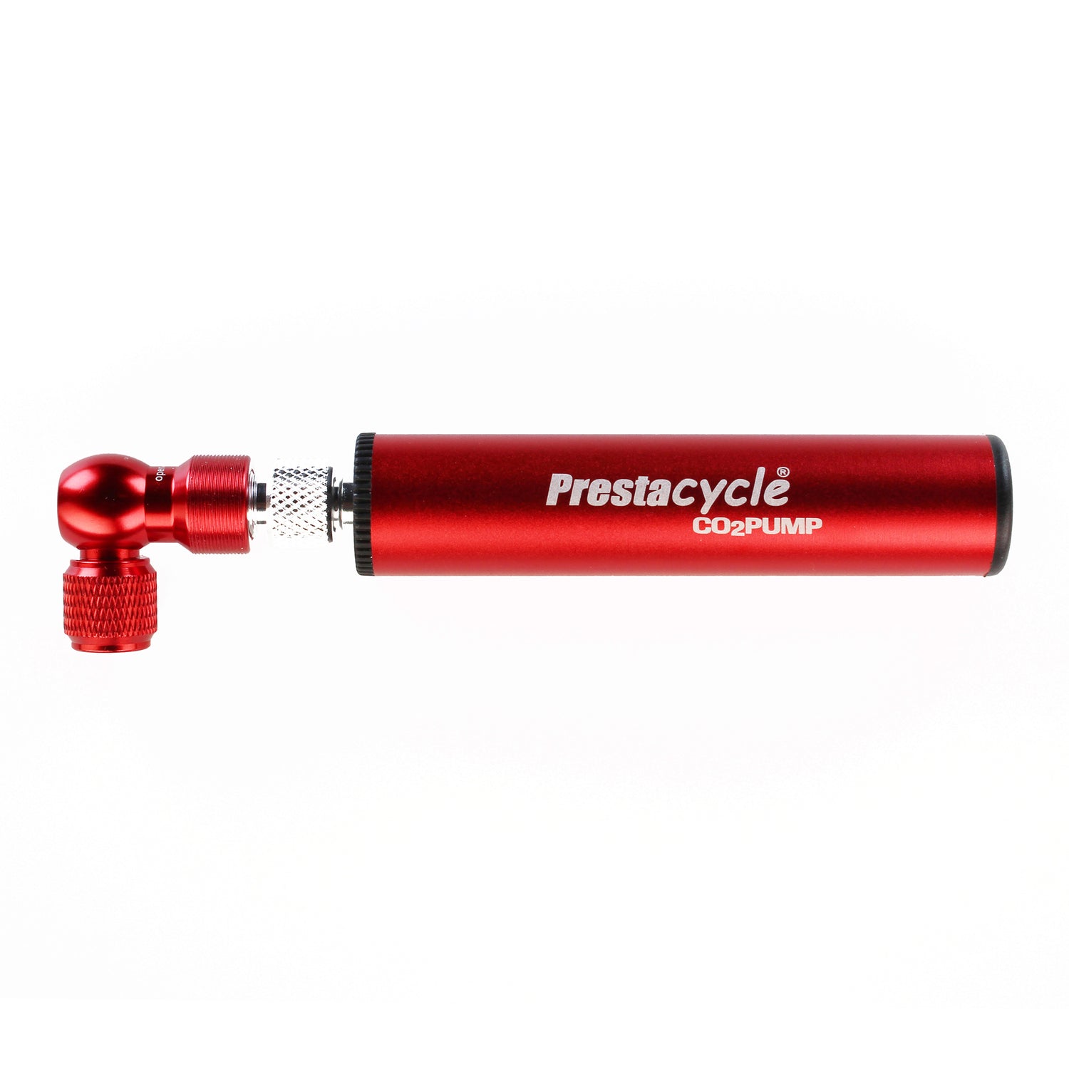 A red Prestacycle Prestaflator Micro - CO2 / Air Compressor / Pump Bundle with a metallic finish and left-side nozzle attachment. Prestacycle CO2 PUMP in white on the side, shown against a white background.