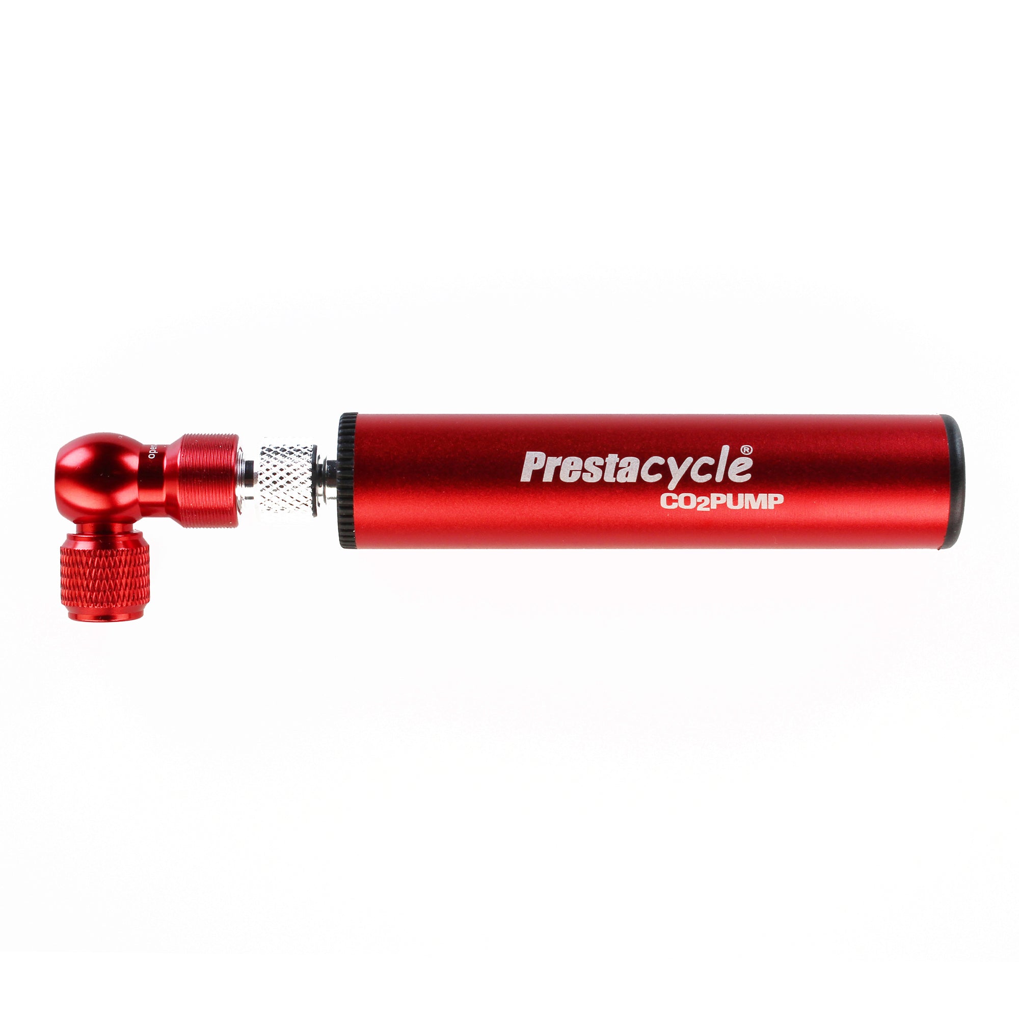 A red Prestacycle Prestaflator Micro - CO2 / Air Compressor / Pump Bundle with a metallic finish and left-side nozzle attachment. Prestacycle CO2 PUMP in white on the side, shown against a white background.