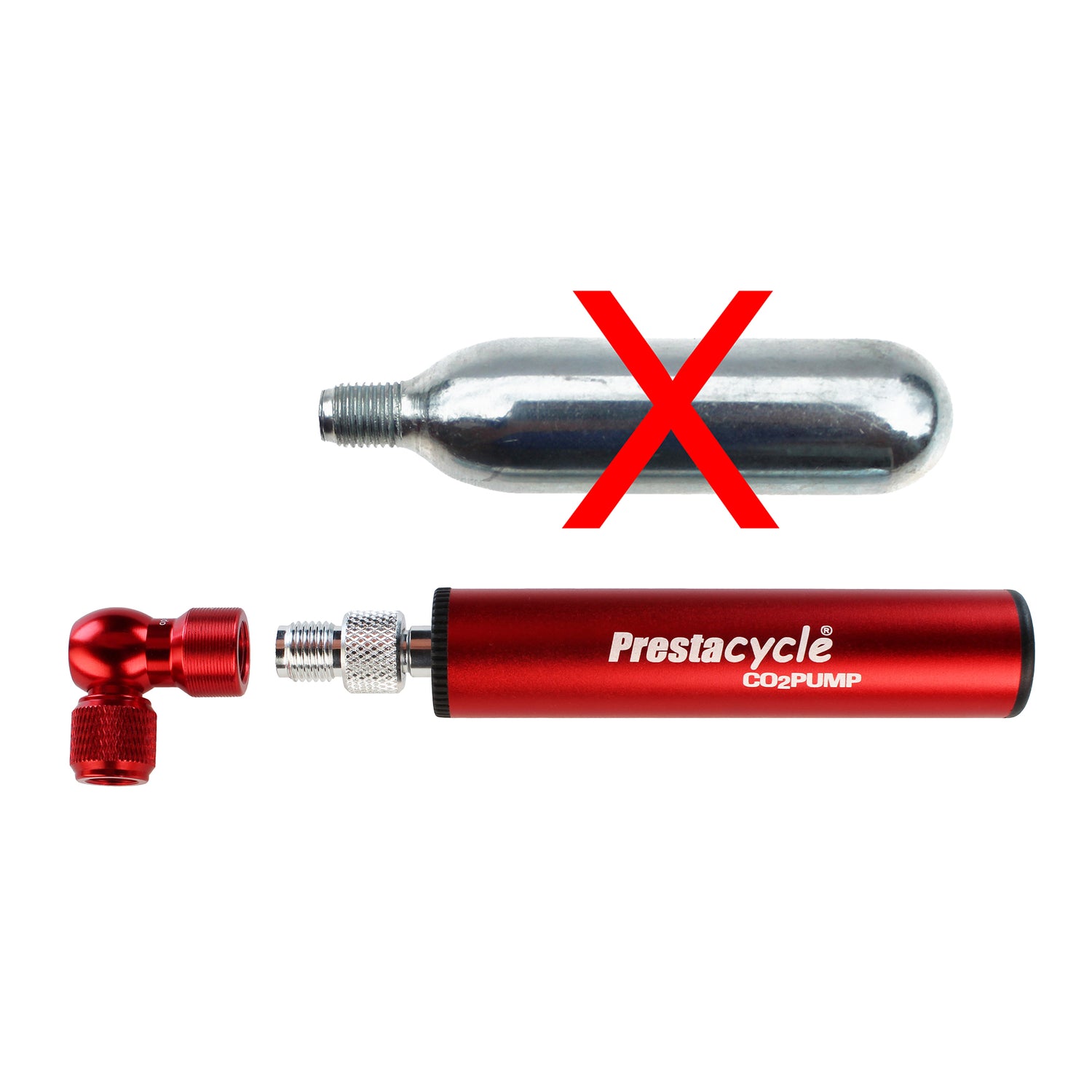 A red Prestaflator Micro from Prestacycle is shown below a CO2 cartridge with a red X over the cartridge, highlighting that this pump works without needing a CO2 cartridge.