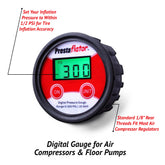 The Prestacycle Prestaflator Digital Gauge for Air Compressors & Floor Pumps shows 30.0 PSI, offers ±0.5 PSI accuracy, and features a standard 1/8 rear thread for compatibility with most air compressor regulators or as a replacement gauge.