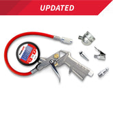 The Prestacycle Prestaflator Digital Bicycle Tire Inflator—suitable for Presta & Schrader valves—features a red hose, display screen, multiple metal nozzles/attachments, and a tubeless-safe rapid response digital gauge on a white background with UPDATED banner.