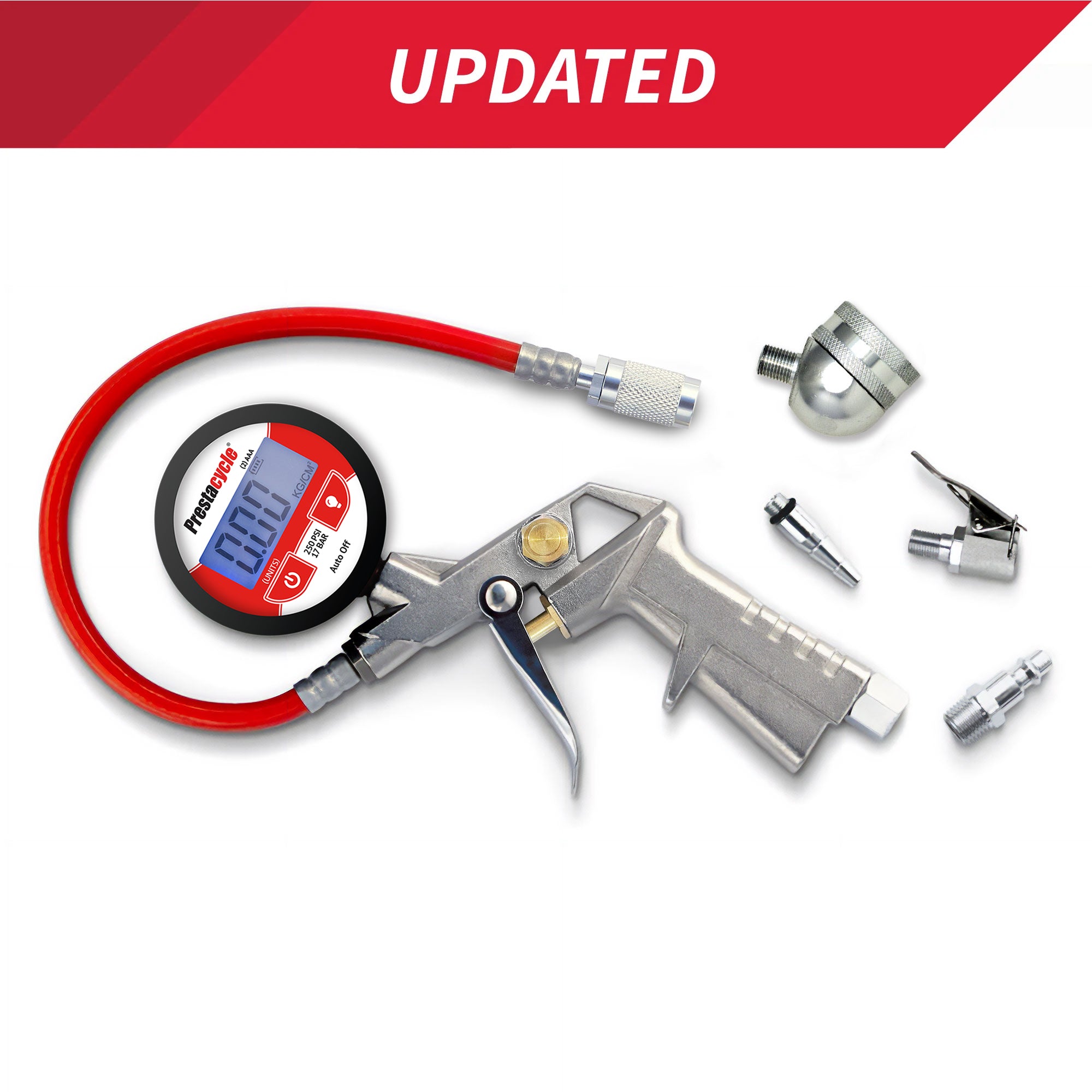 The Prestacycle Prestaflator Digital Bicycle Tire Inflator—suitable for Presta &amp; Schrader valves—features a red hose, display screen, multiple metal nozzles/attachments, and a tubeless-safe rapid response digital gauge on a white background with UPDATED banner.