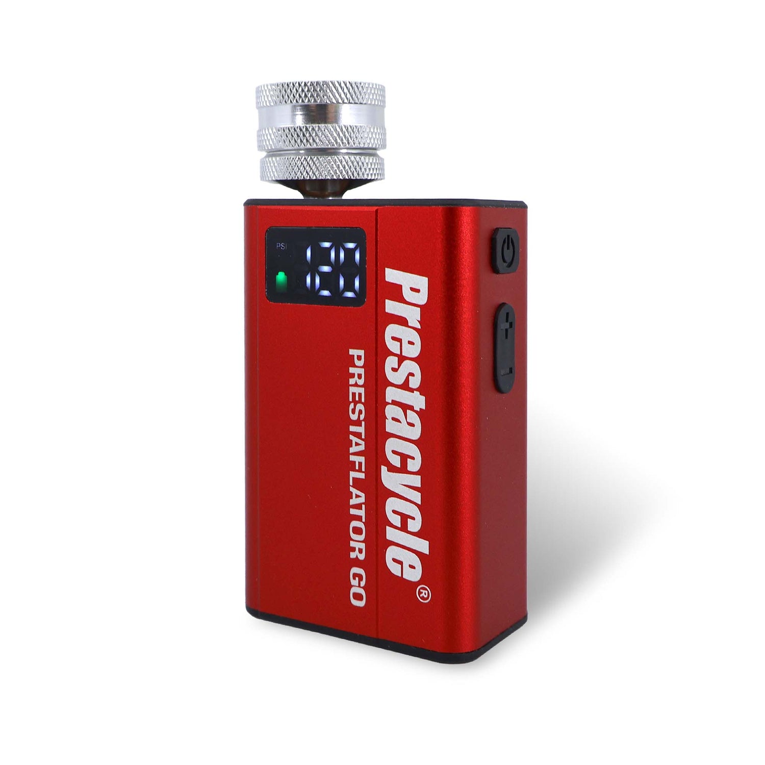 A red Prestacycle Prestaflator GO - Portable Digital Rechargeable Preset Bicycle Tire Inflator stands upright on a white background, displaying 120 on its digital screen, with a metal nozzle and side control buttons—ideal for e-bike tire inflation.