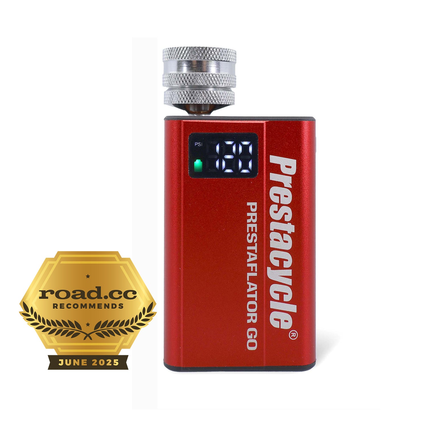 A red Prestacycle Prestaflator GO Portable Digital Rechargeable Preset Bicycle Tire Inflator displays 28 PSI with a metallic nozzle. To its left, a gold “road.cc recommends June 2025” badge is shown—perfect for quick tire inflation.