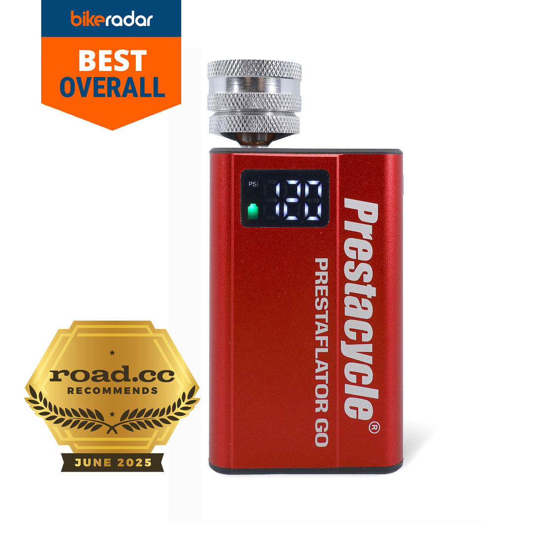 The Prestacycle Prestaflator GO is a portable, digital, rechargeable preset bicycle tire inflator named Best Overall by BikeRadar and Recommended by road.cc in June 2025—perfect for quick, precise tire inflation.