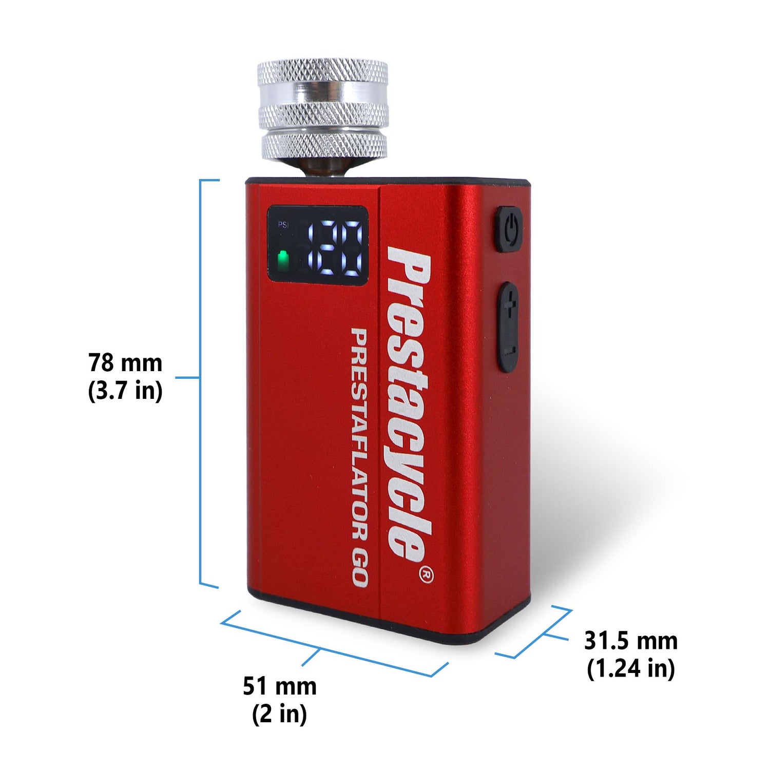 The Prestacycle Prestaflator GO is a portable, rechargeable digital bicycle tire inflator with nozzle. It measures 78mm x 51mm x 31.5mm and features the brand name vertically on the front. Perfect for tire inflation.