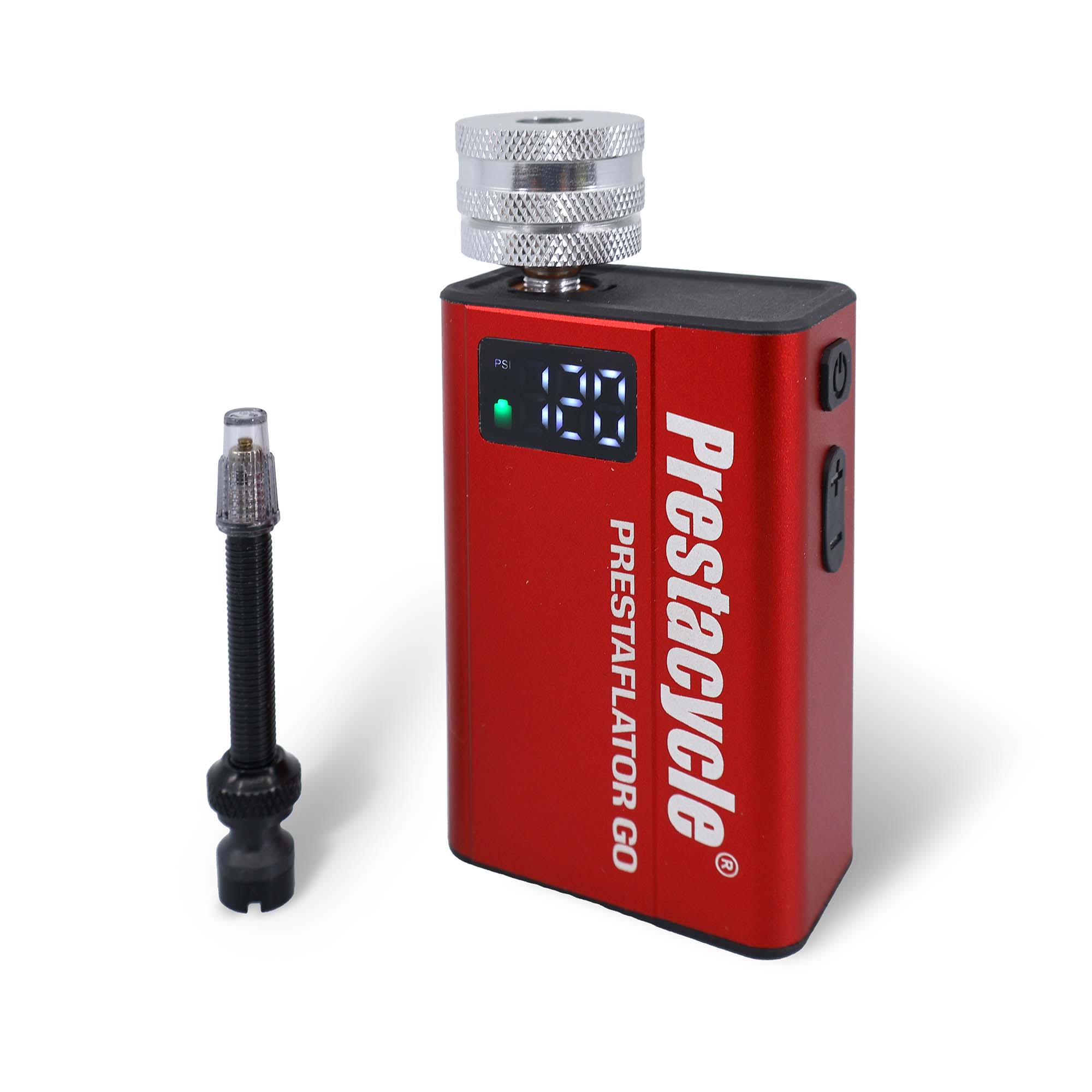 A red Prestacycle Prestaflator GO - Portable Digital Rechargeable Preset Bicycle Tire Inflator shows “19.0” upright beside a black Presta valve with silver cap, both set against a white background, ideal for electric bike pump needs.